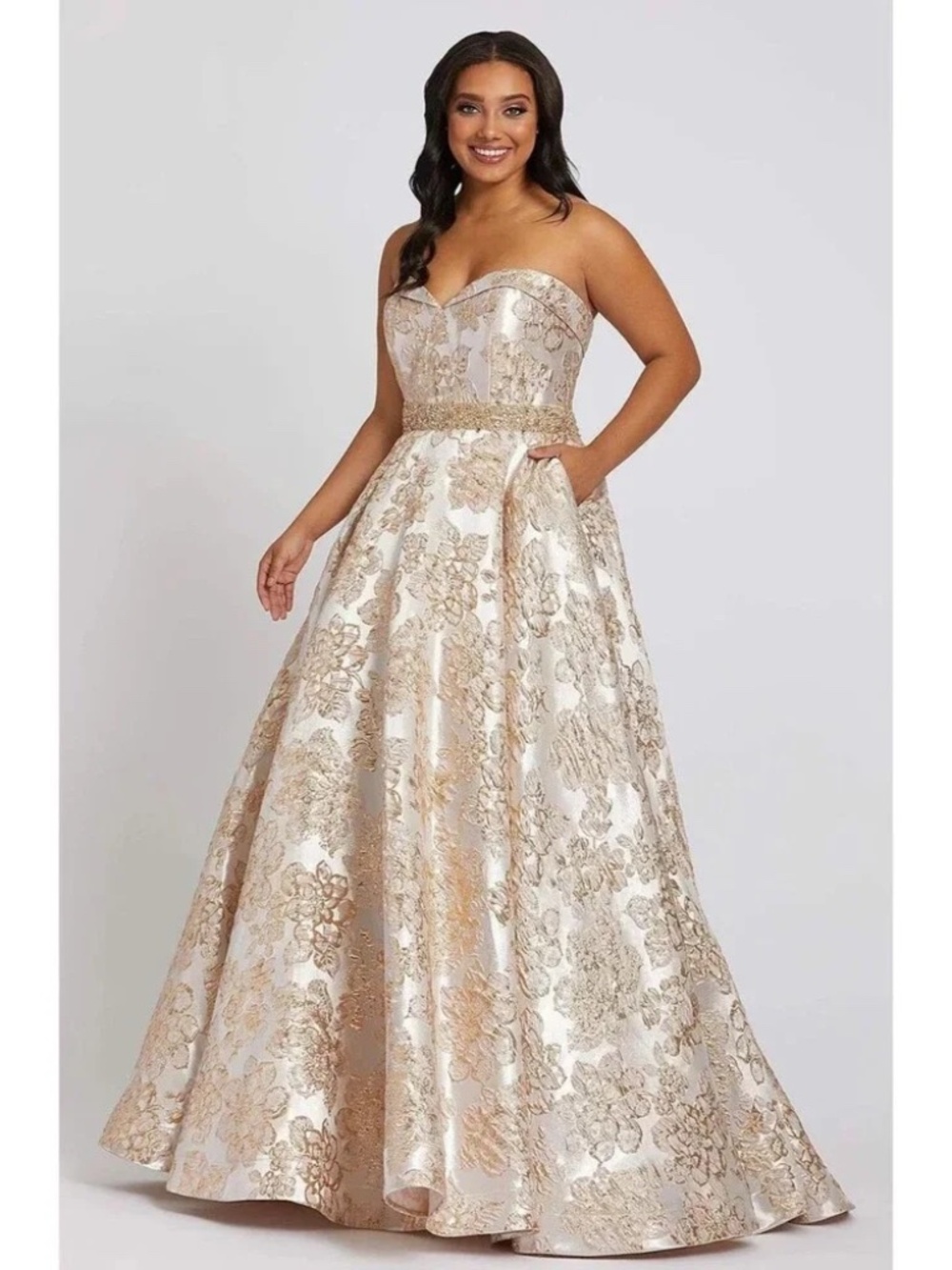 Mac Duggal 67238 Gold Strapless Floral Brocade Ball Gown Size 22W NWT